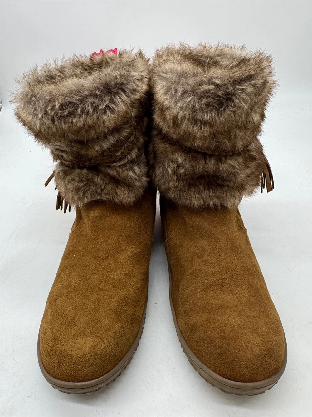 Minnetonka Chestnut Suede Faux-Fur Cuff Ankle Boots Size 10